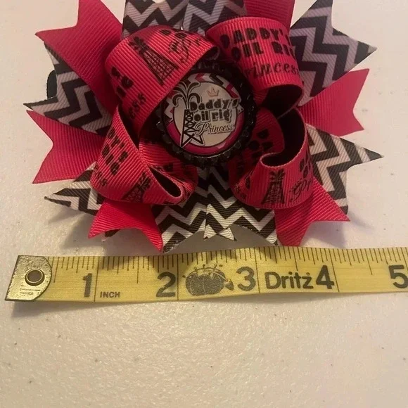 Oilfield daughter daddy’s oilfield princess hair bow pink black white 4 1/2 inch - Picture 3 of 4